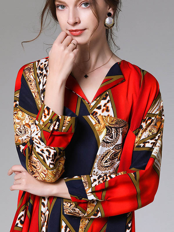 Casual Loose Split-Joint Contrast Color Leopard Floral Printed Lapel Collar Long Sleeves Midi Dress