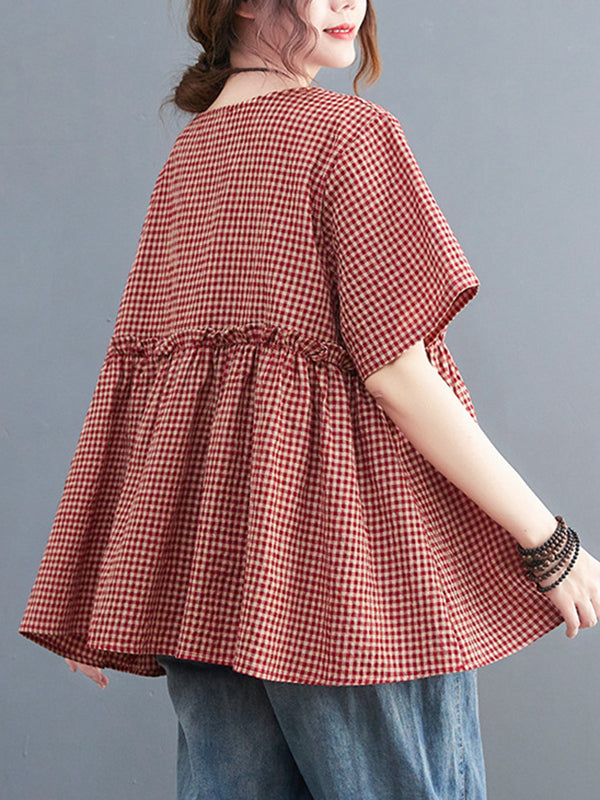 Artistic Retro Loose Plaid Ramie Cotton Falbala T-Shirt Top