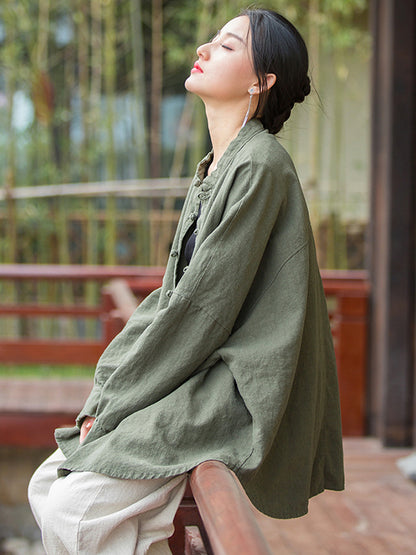 Original Artistic Retro Loose Solid Color Ramie Cotton Blouse Outwear