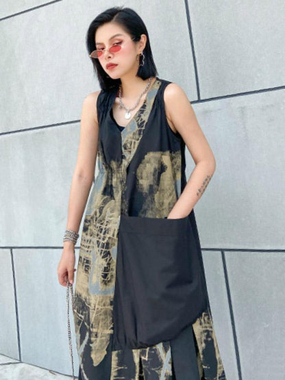 Original Prited V-Neck Sleeveless Dress