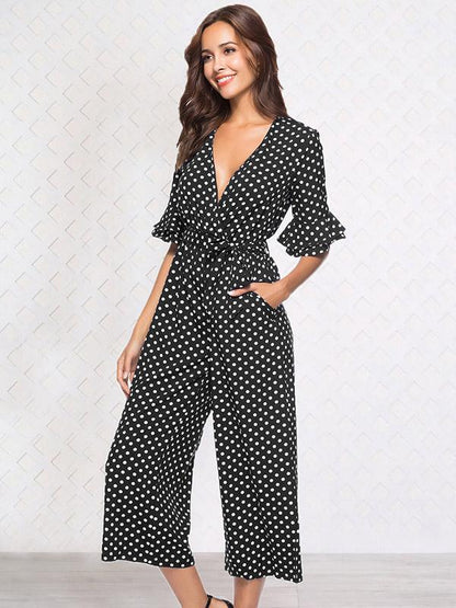 Printed Belted V-neck Half Sleeves Jumpsuit