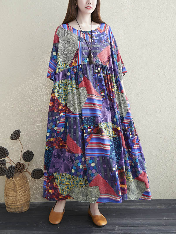 Loose Floral Printed Pleated Round-Neck Half Sleeves Midi Dress