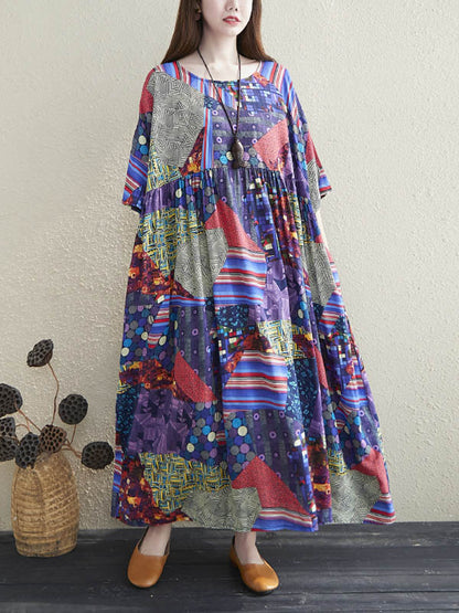 Loose Floral Printed Pleated Round-Neck Half Sleeves Midi Dress
