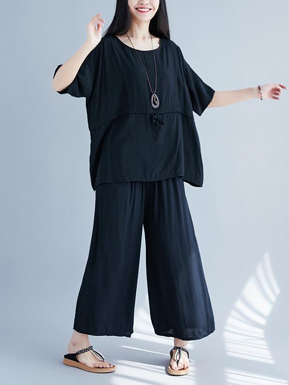 Plus Size Loose Solid Wide-leg Two-piece Suits
