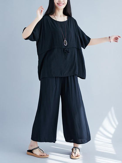 Plus Size Loose Solid Wide-leg Two-piece Suits