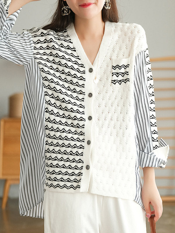 Original Asymmetric Buttoned Split-Joint Hollow V-Neck Long Sleeves Cardigans