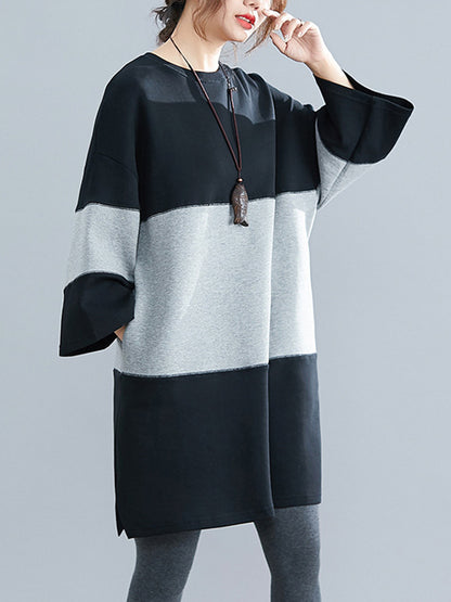 Casual Loose Split-Joint Round-Neck Long Sleeves Mini Dress