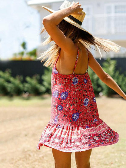 Floral Falbala Hem Condole Belt Mini Dress