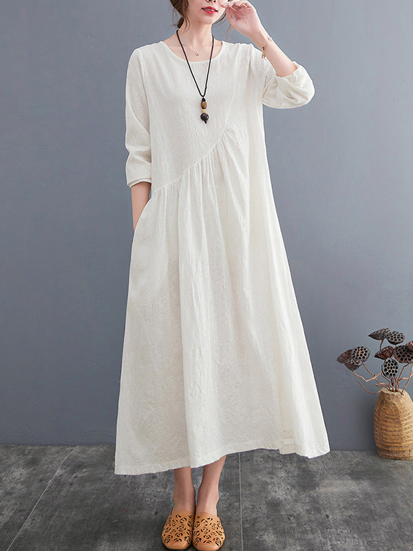 Casual Simple Solid Color Pleated Round-Neck Long Sleeves Midi Dress