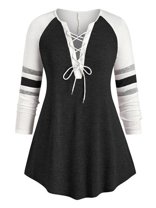 Vintage Bandage Contrast Color V-Neck Blouses&Shirts Tops