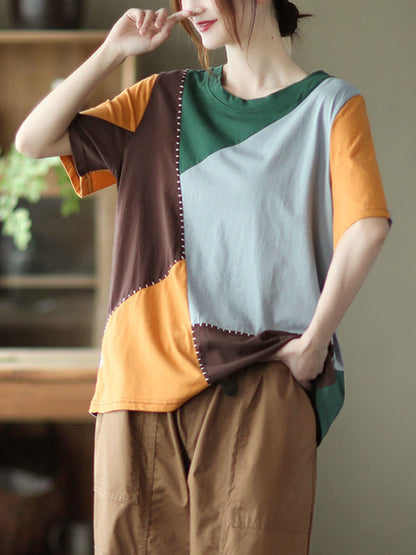 Cotton Blend Round-Neck Contrast Color T-Shirts Tops