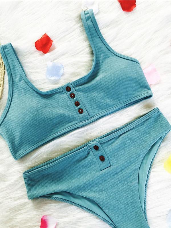 Button Solid Beach Bikinis Swimwear