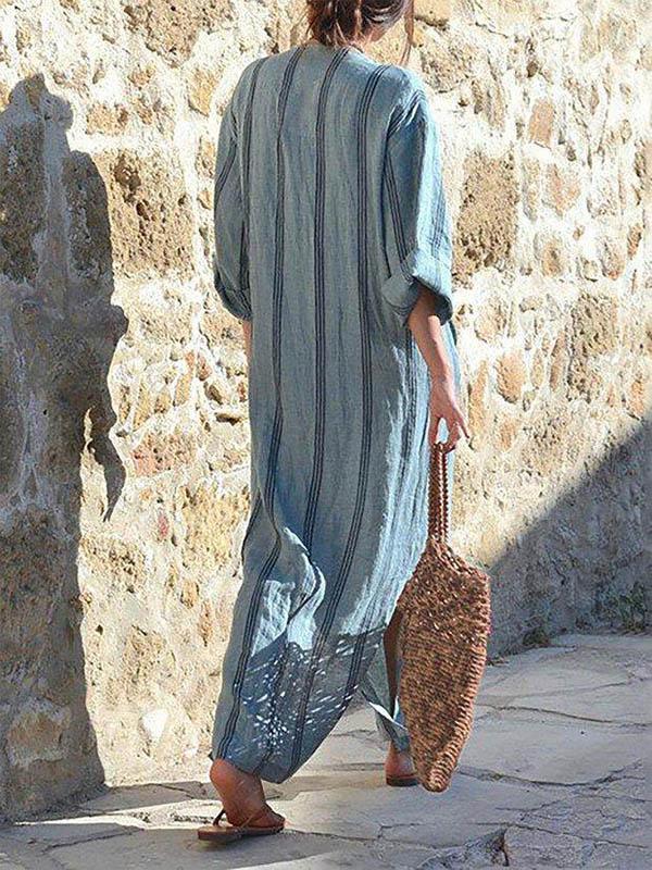 Remain Cotton Striped V-neck Loose Maxi Dress