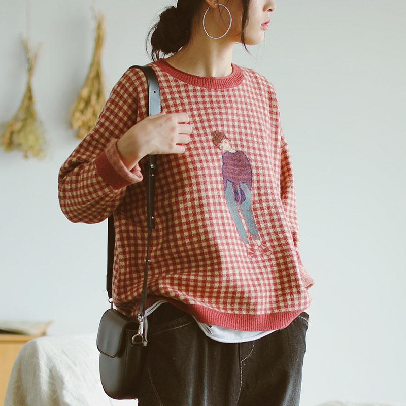 Buykud Plaid And Cartoon Character Casual Knitted Shirt