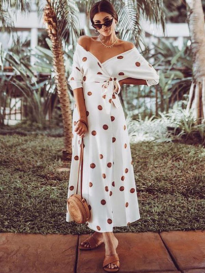 Polka-dot Off-the-shoulder Maxi Dress