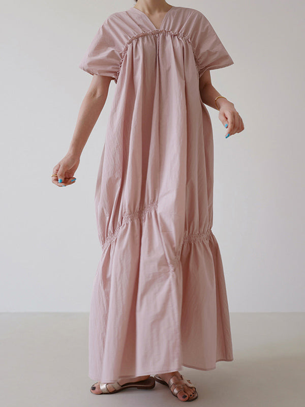 Casual Solid Color Falbala Pleated V-Neck Short Sleeves Maxi Dress