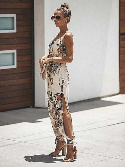 Floral V-neck Suspender Pant