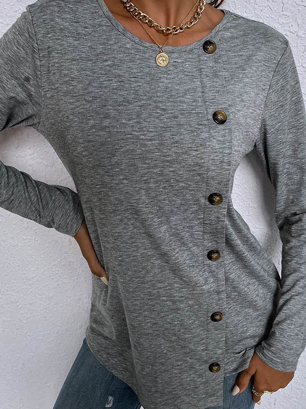 Casual Round-Neck Buttoned Asymmetric T-Shirt