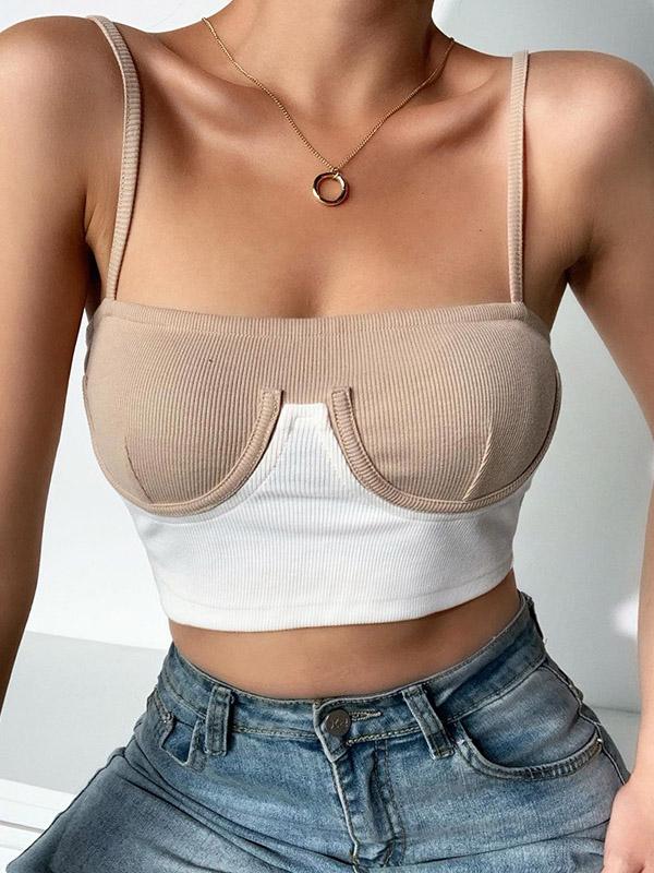 Wrap Spaghetti-Neck Contrast Color Exposed Navel Tanks