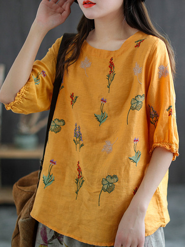 Ramie Cotton Embroidered Round-Neck Short Sleeve T-Shirts Tops
