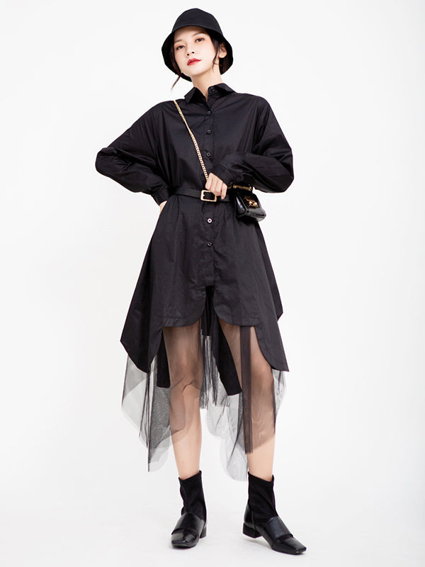 Urban Black&White Lapel Long Sleeves Shirt Dress
