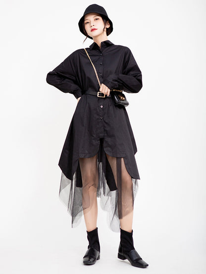 Urban Black&White Lapel Long Sleeves Shirt Dress