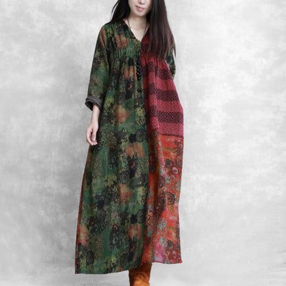 Buykud V-Neck Printed Pleated Retro Loose Dress