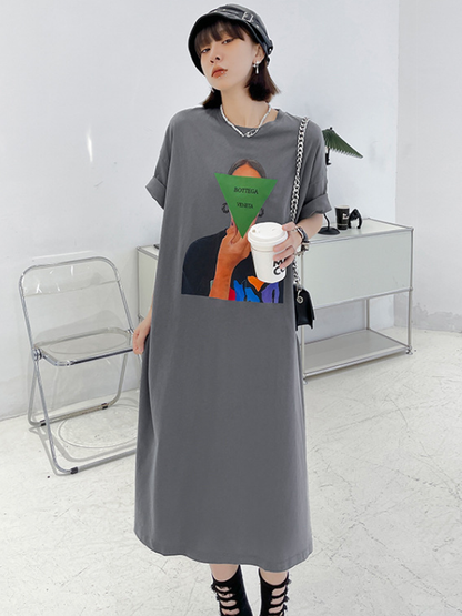 Casual Solid Color Printed Split-Side Short Sleeves H-Line Midi Dress
