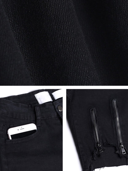 Hip-Hop Stylish Black Irregular Clipping Fringed Zipper Wrap Denim Shorts