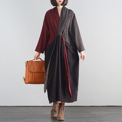 Buykud Cross Splicing Plaid Lacing Retro Casual Dress