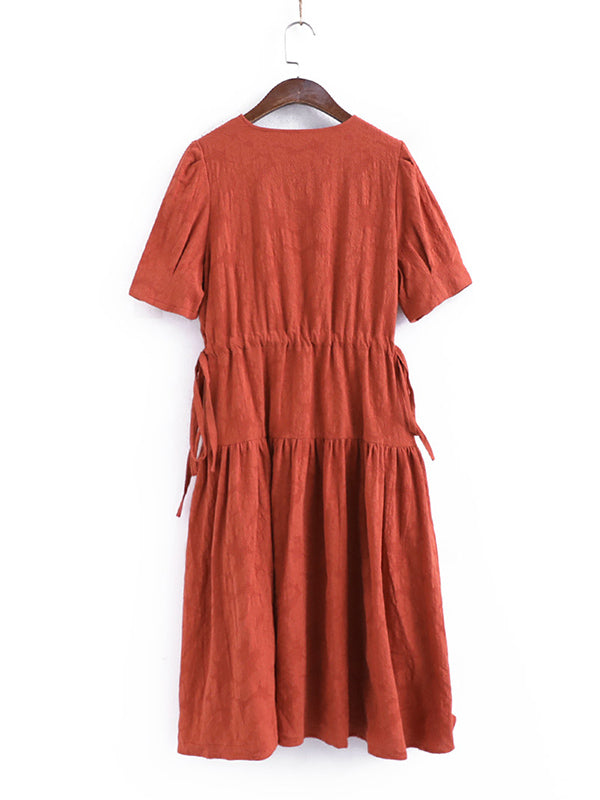 Urban Solid Color V-Neck Drawstring Short Sleeves Midi Dress
