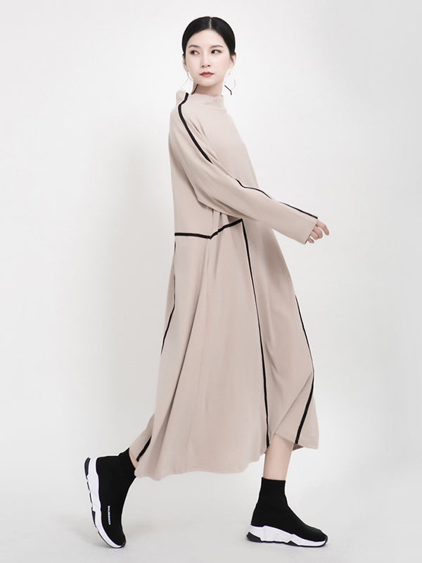 Casual Contrast Color Split-Joint Stand Collar Long Sleeves Midi Dress
