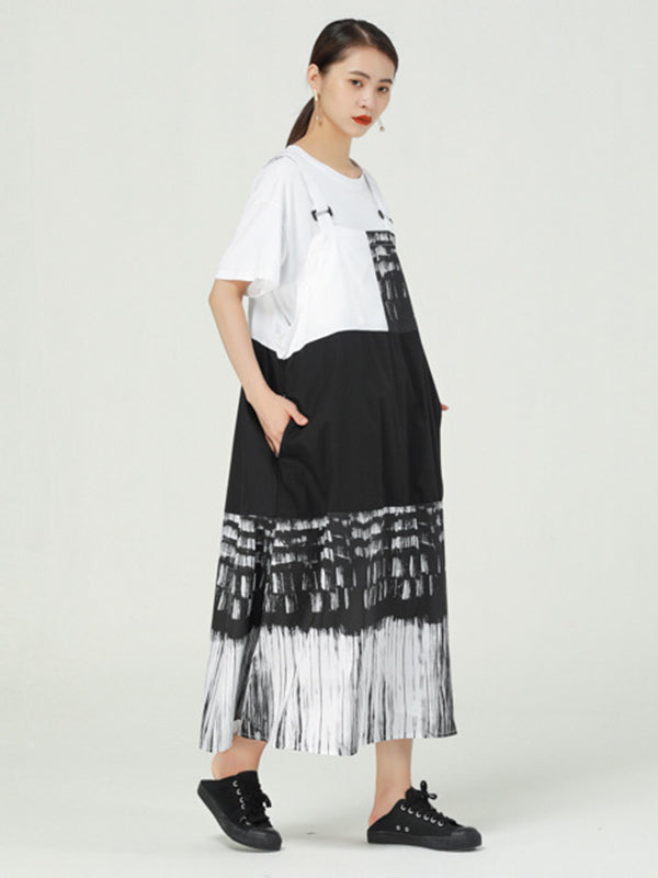Stylish Irregular Graffiti Printed Split-Joint Strap Dress