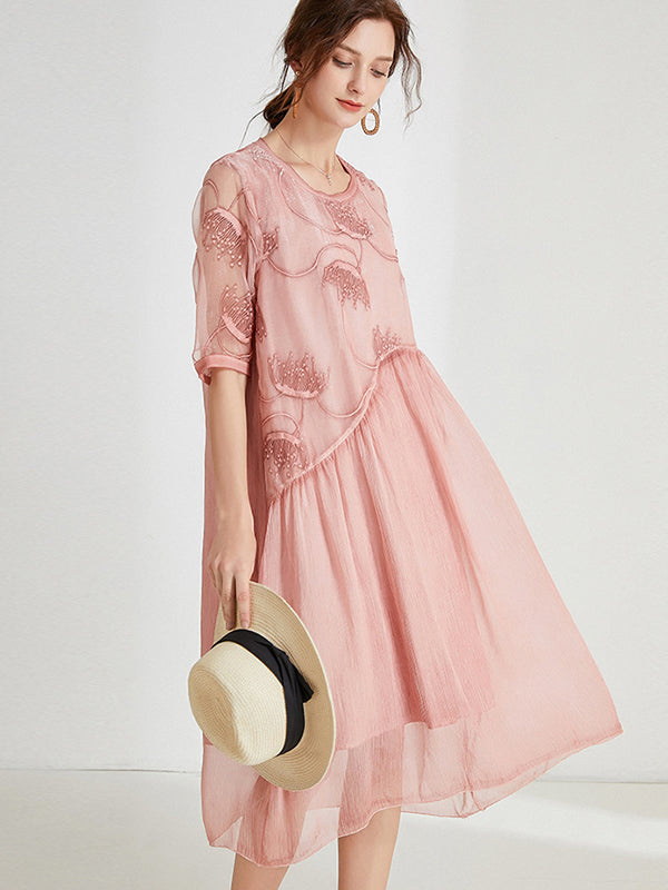 Original Artistic Retro Loose Embroidered Pleated Split-Joint Midi Dress