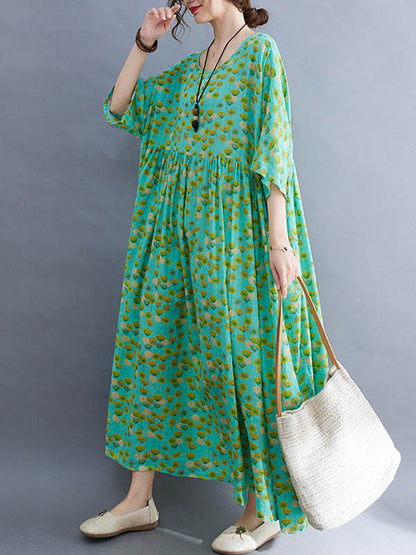 Summer Plant Printing Batwing Sleeves Split-Joint Round-Neck Long Dress