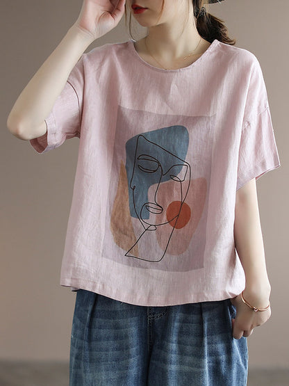 Original Linen Cartoon Printed Short Sleeve T-Shirts Tops