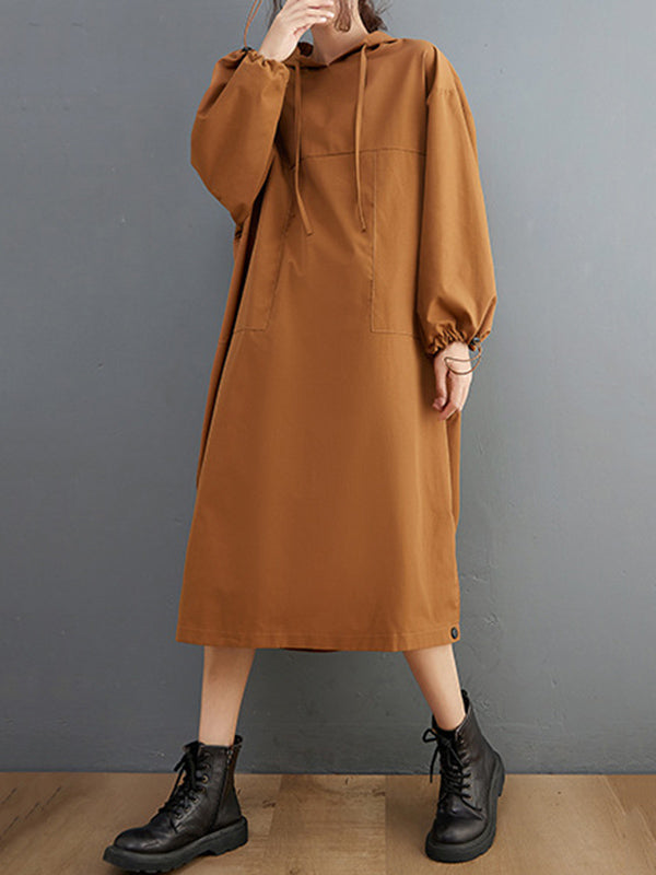 Casual Split-Side Solid Color Hooded Drawstring Long Sleeves Midi Dress