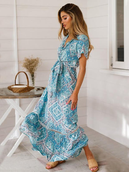 Hollow Printed Bow- Bohemia Maxi Dress