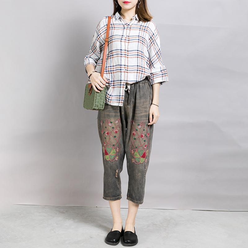 Embroidered Plant Worn Drawstring Nostalgic Jeans