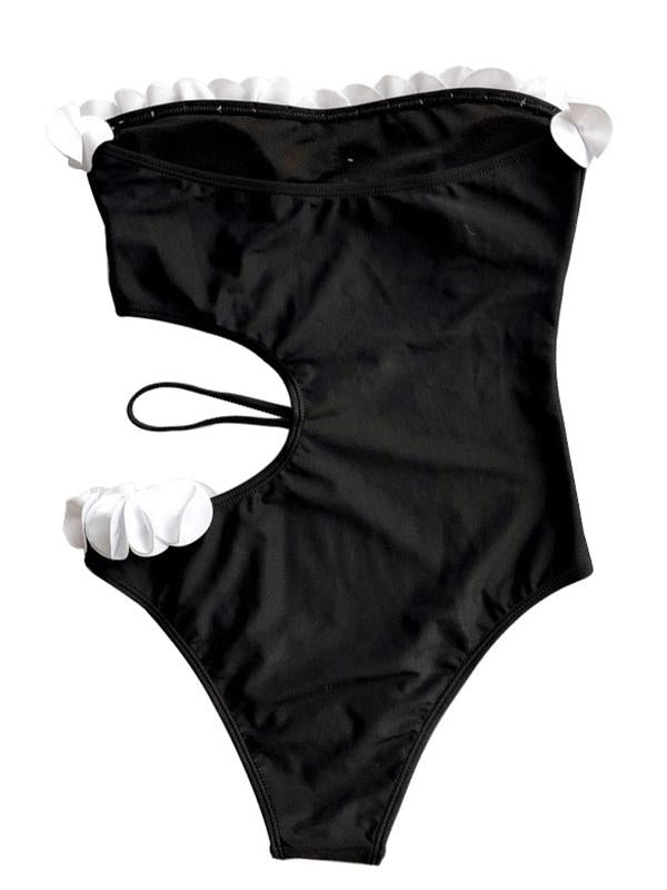 Lace Asymmetric Bandeau One-Piece Swimwear