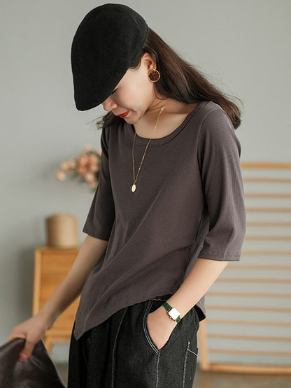 Simple Asymmetric Irregular Clipping Round-Neck Short Sleeves T-Shirt