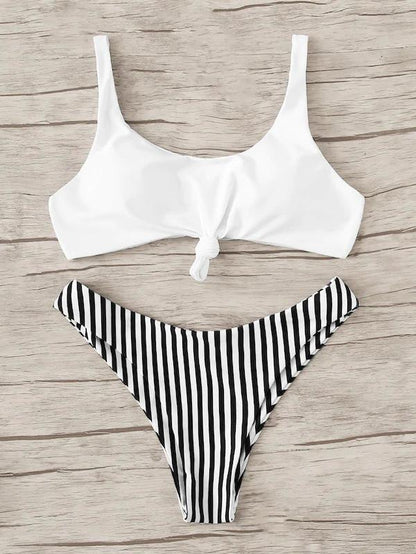 White Top With Striped Panty Bikini Set