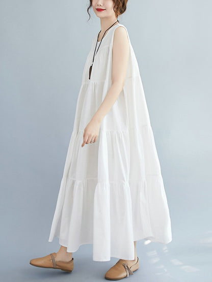 Simple Casual Loose Artistic Retro Pleated Solid Color Midi Dress