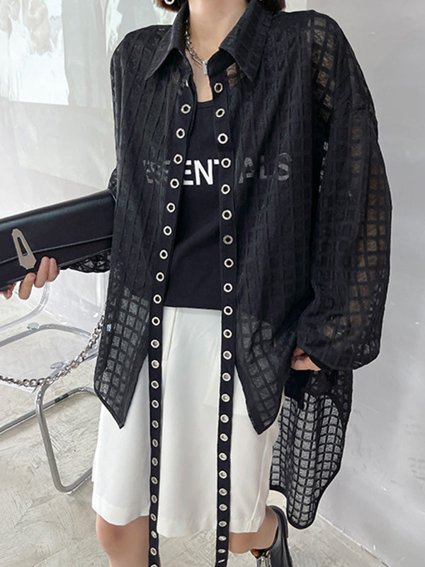 Stylish See-Through Buttoned High-Low Lapel Outerwear