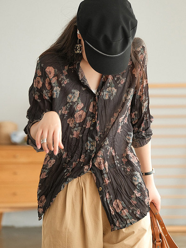 Vintage Printed Buttoned Pleated Lapel Long Sleeves Blouse Tops