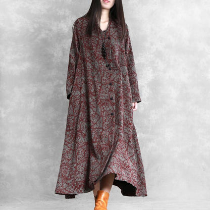 Buykud Retro Plant Printed Casual Loose Dress