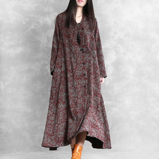 Buykud Retro Plant Printed Casual Loose Dress