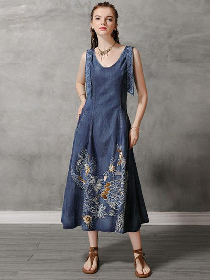 Original Retro Embroidered Hemline Denim Long Dress