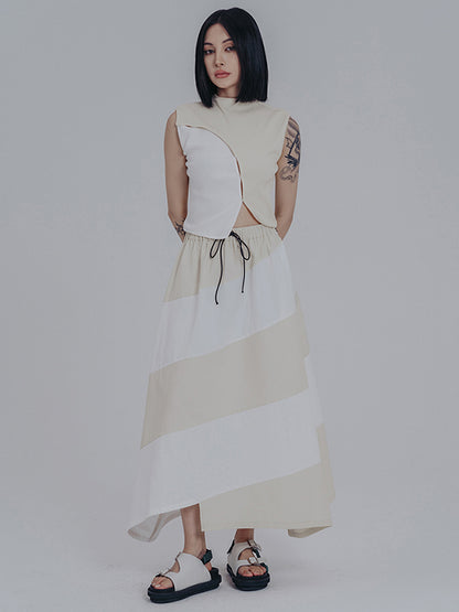Simple Drawstring Waisted Contrast Color A-Line Skirt