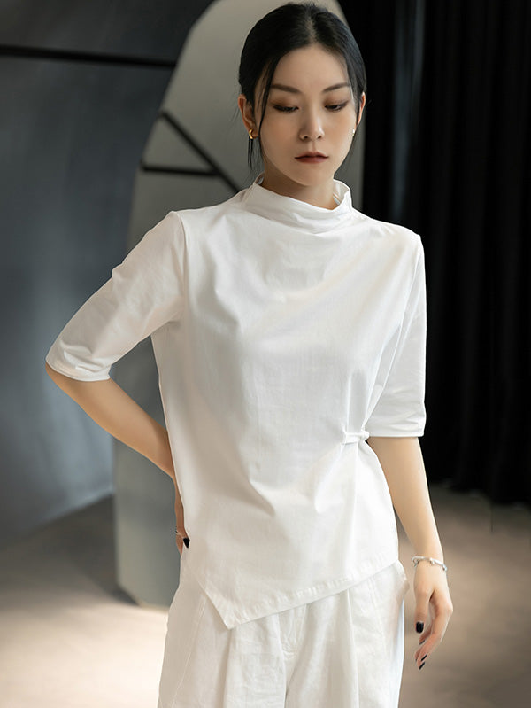 Simple White Stand Collar Half Sleeve Asymmetric T-Shirt